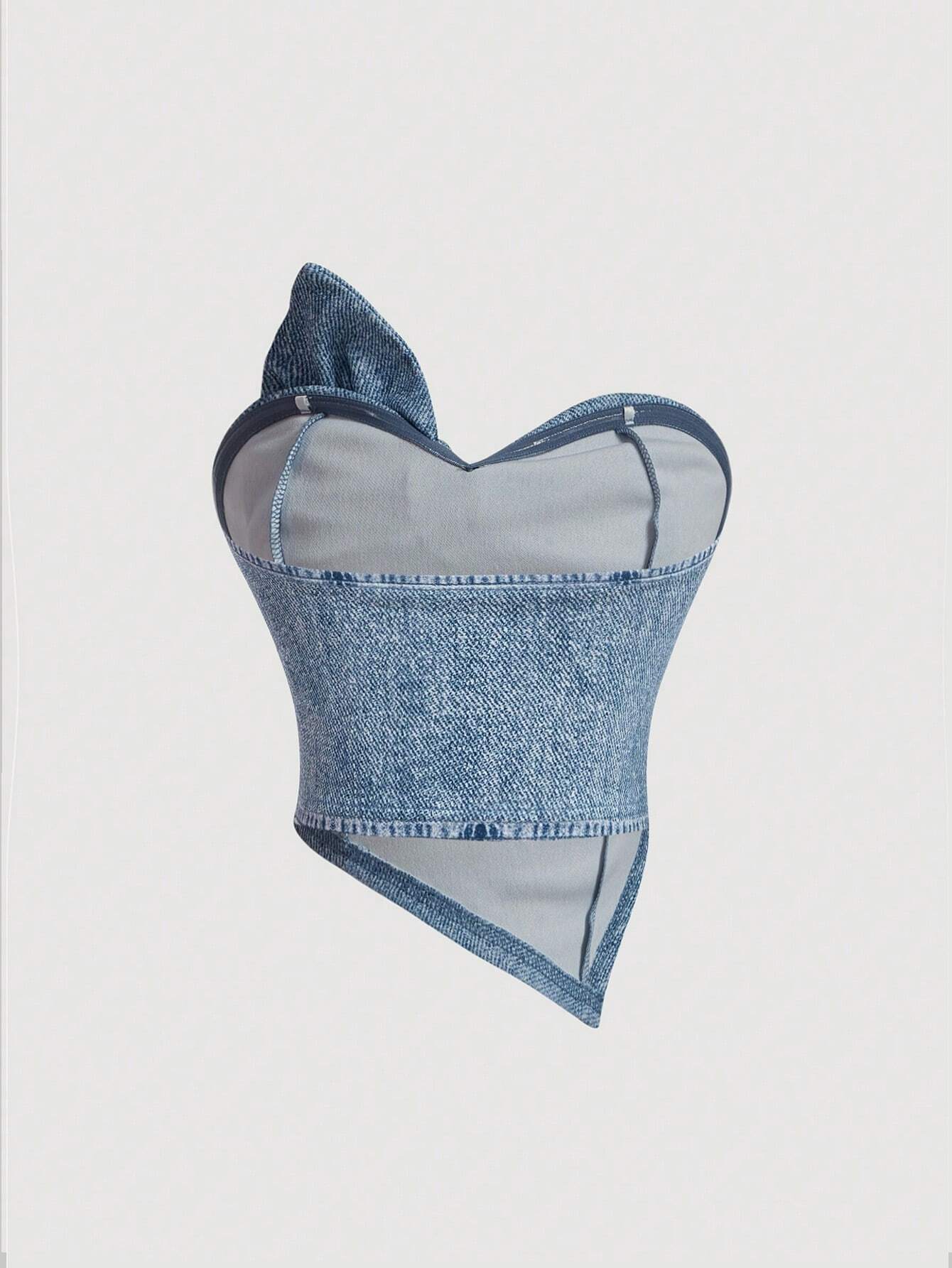 SHEIN MOD Summer Stretchy Knit Denim Print Strapless Crop Top