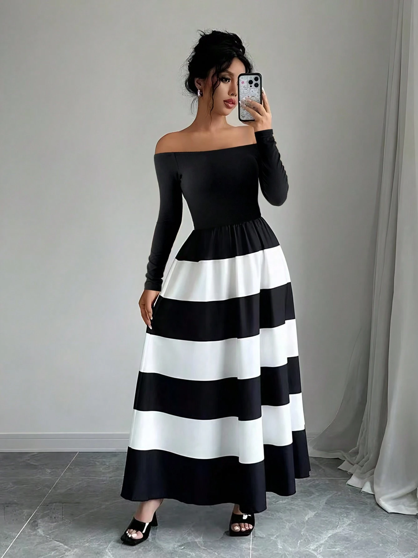 SHEIN Privé Women's Color Block Simple Off Shoulder Long Sleeve Casual Dress