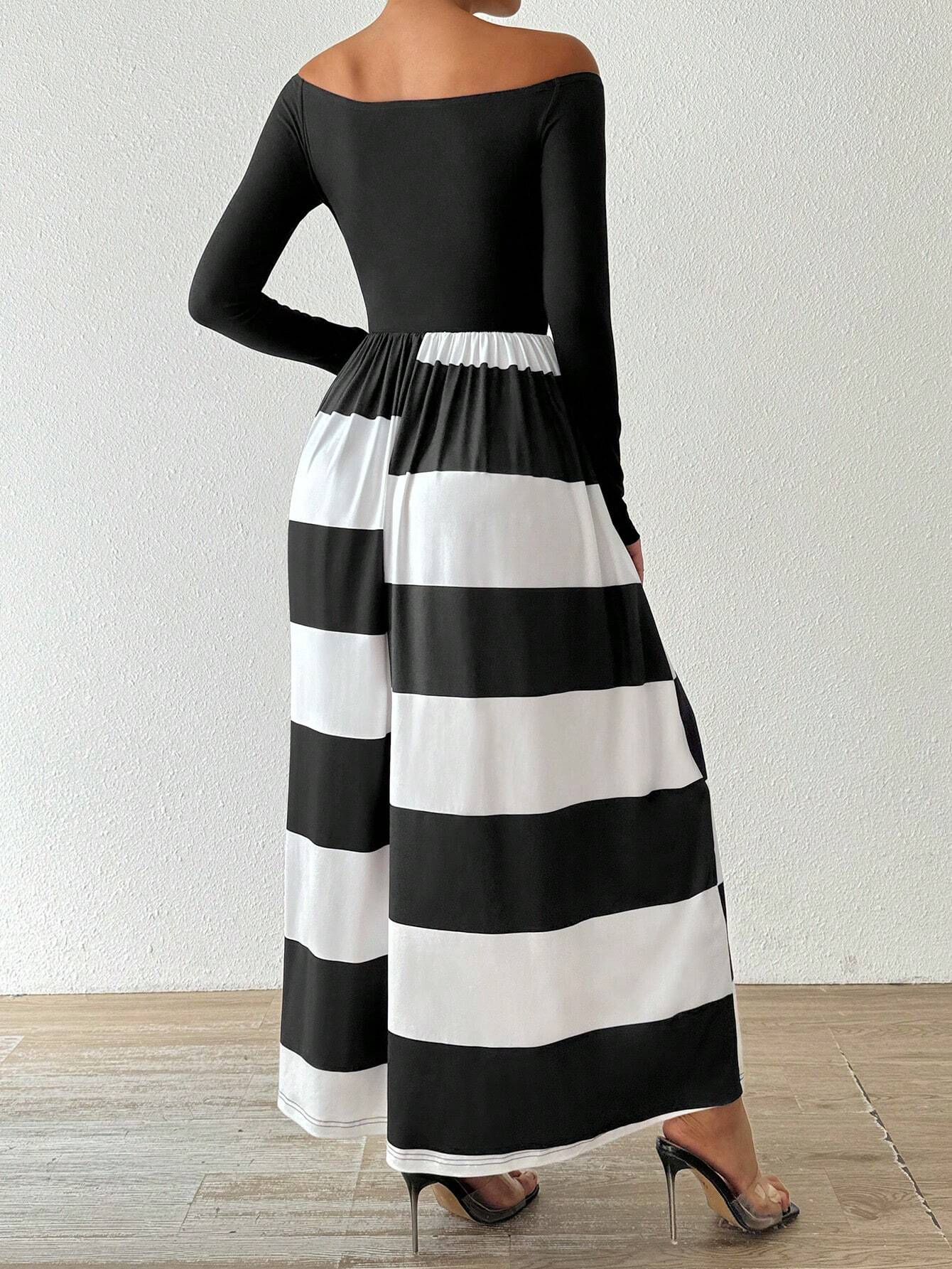 SHEIN Privé Women's Color Block Simple Off Shoulder Long Sleeve Casual Dress