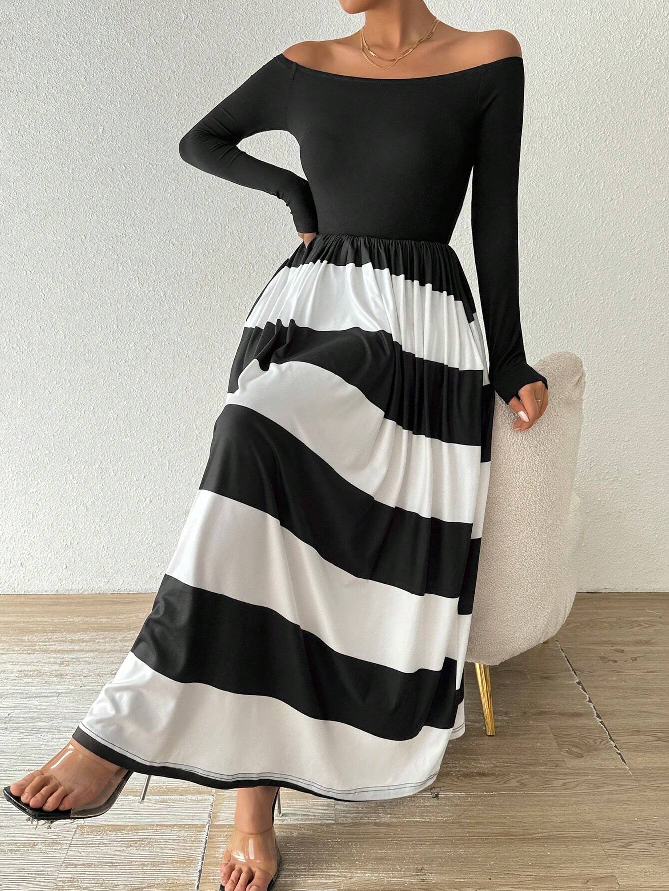 SHEIN Privé Women's Color Block Simple Off Shoulder Long Sleeve Casual Dress