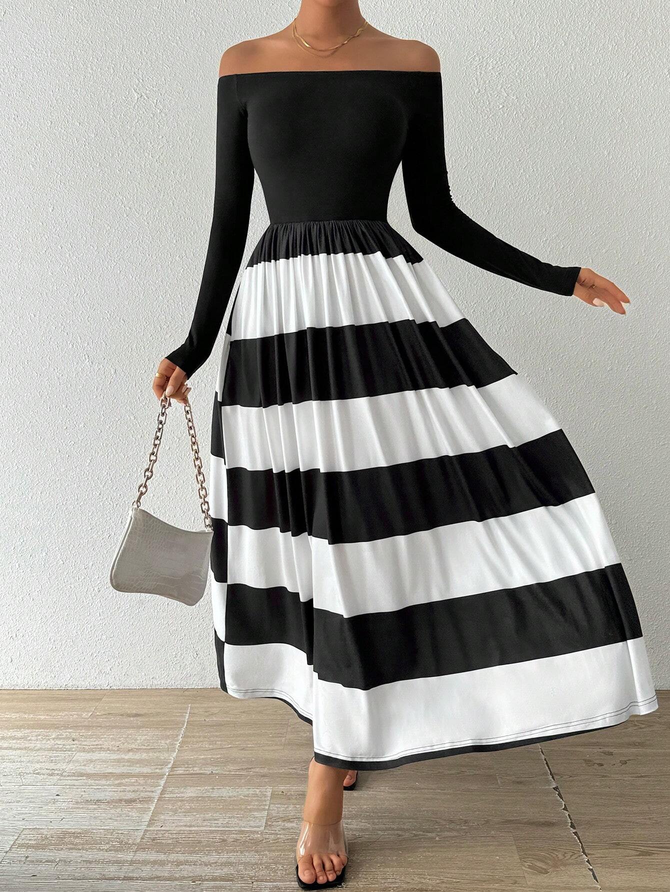 SHEIN Privé Women's Color Block Simple Off Shoulder Long Sleeve Casual Dress