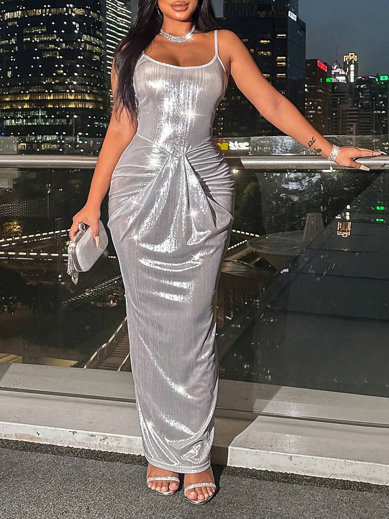 SHEIN SXY Summer Fashion Metallic Ruched Cami Dress