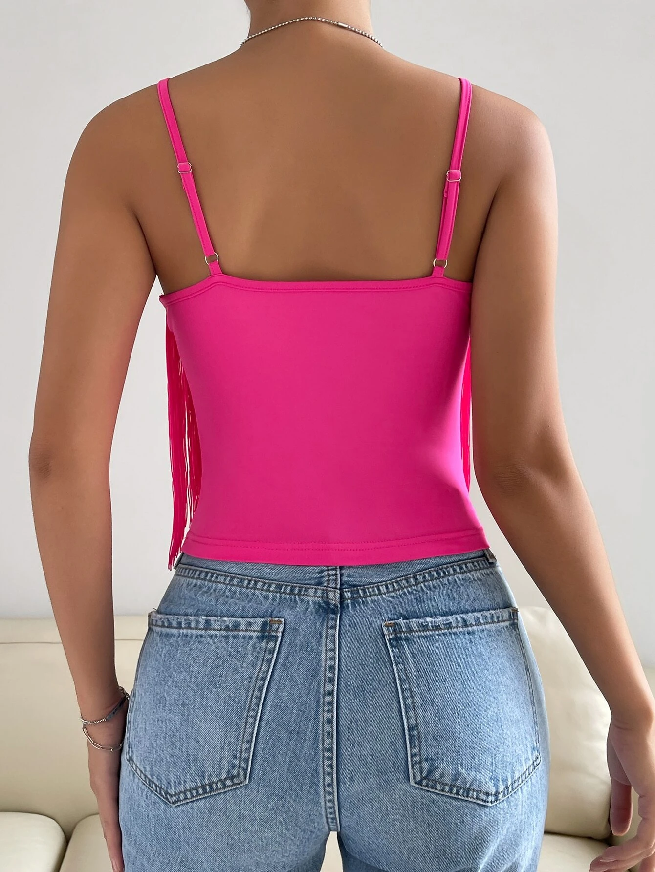 SHEIN VCAY Summer Beach Solid Fringe Trim Cami Bodycon Top