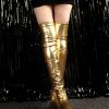 SHEIN 1pair Women's Shiny Reflective Golden Patent Leather Over Knee Socks