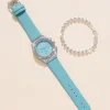 SHEIN 1pc Ladies Watch Rhinestone Decor Quartz Watch & 1pc Bracelet Holiday