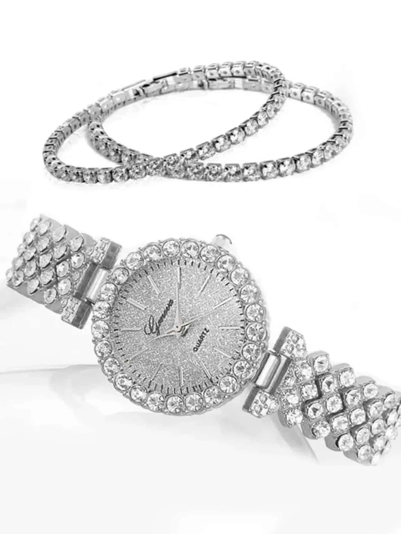 SHEIN 1pc Rhinestone Decor Quartz Watch & 2pcs Rhinestone Decor Bracelet Holiday