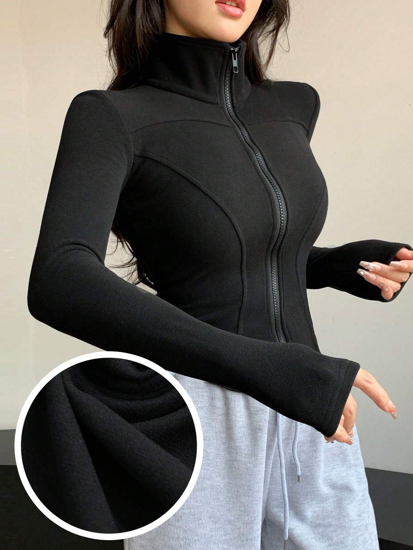 SHEIN DAZY Women's Solid Color Zip-Up Long Sleeve Casual Slim Fit Sweatshirt