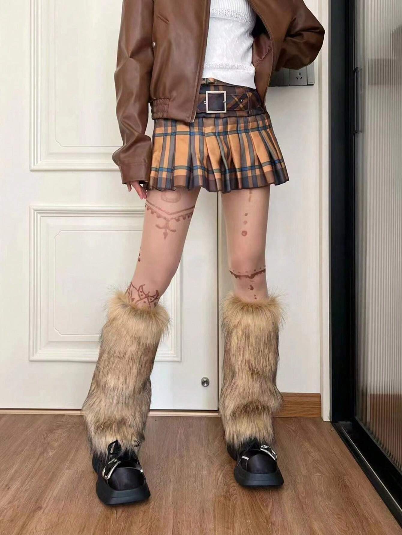 SHEIN Long Brown Plush Leg Warmer For Stage Party