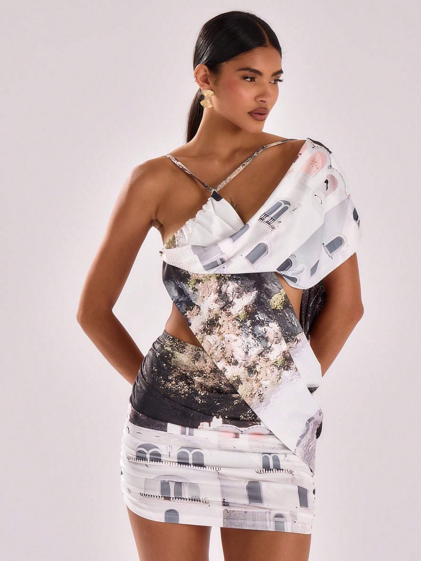 SHEIN MUSERA Location Print Slinky Drape Detail Mini Dress