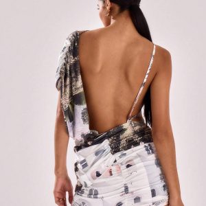 SHEIN MUSERA Location Print Slinky Drape Detail Mini Dress