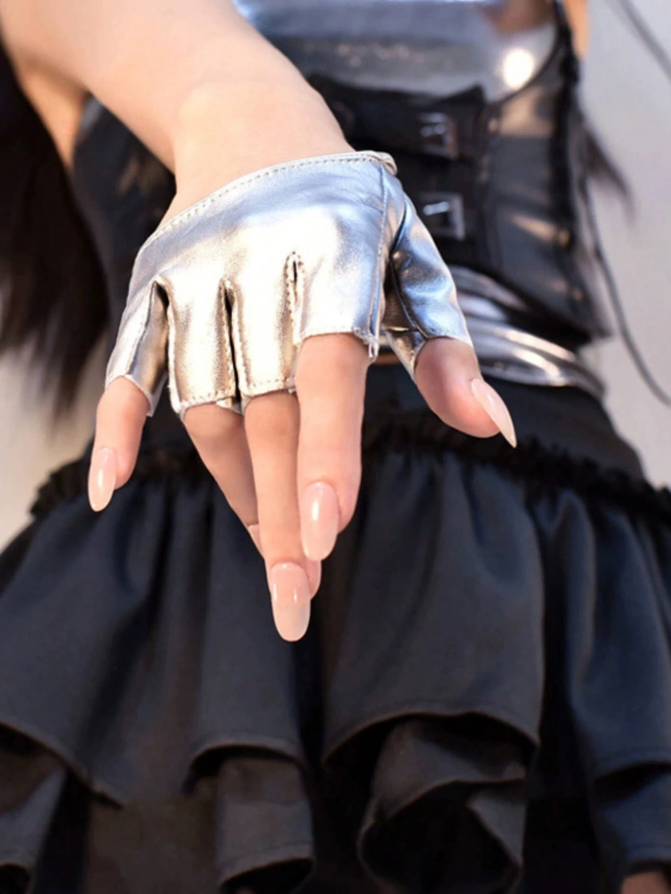 SHEIN One Pair Of PU Leather Open Cutout Fingerless Gloves