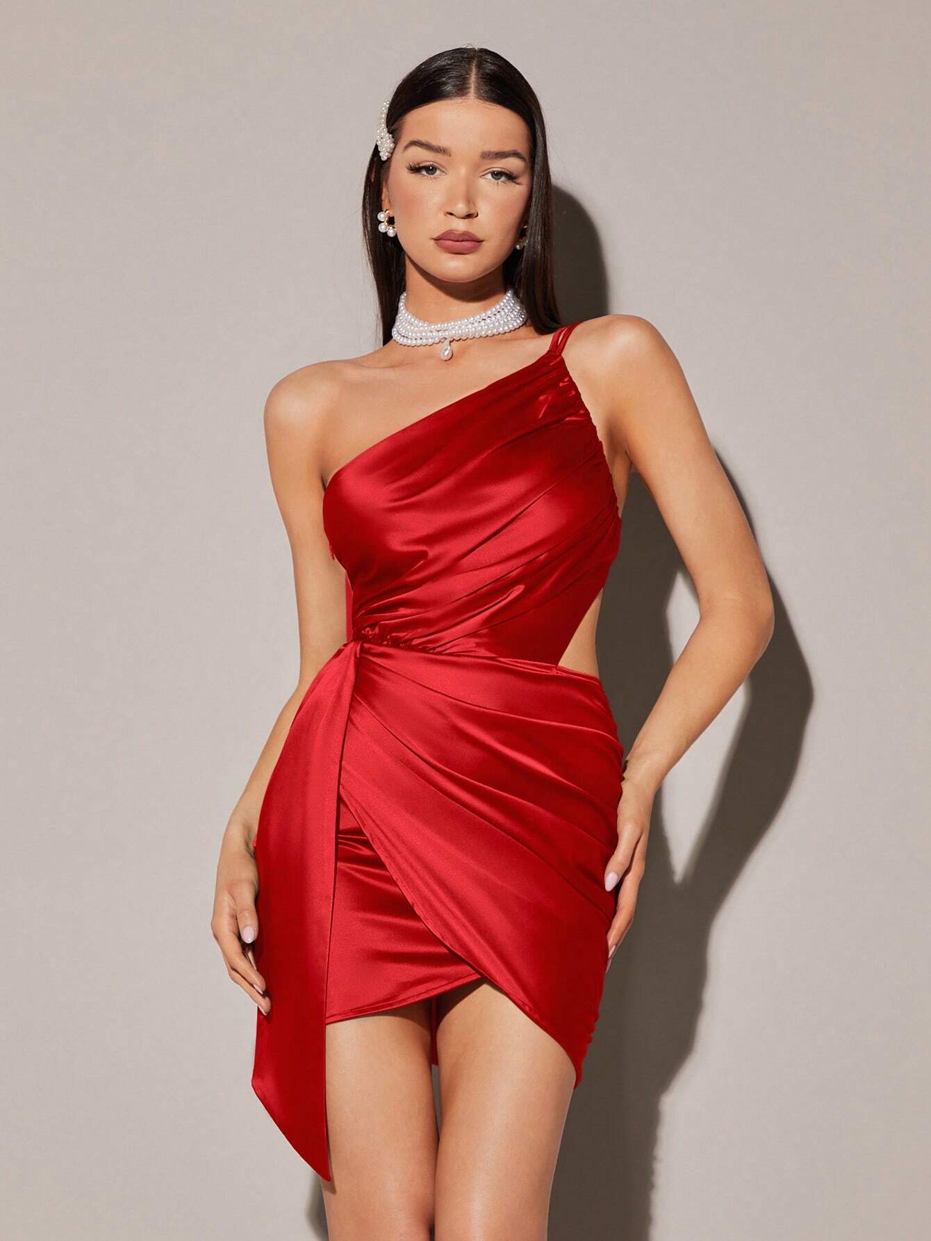SHEIN BAE One Shoulder Wrap Hem Satin Dress
