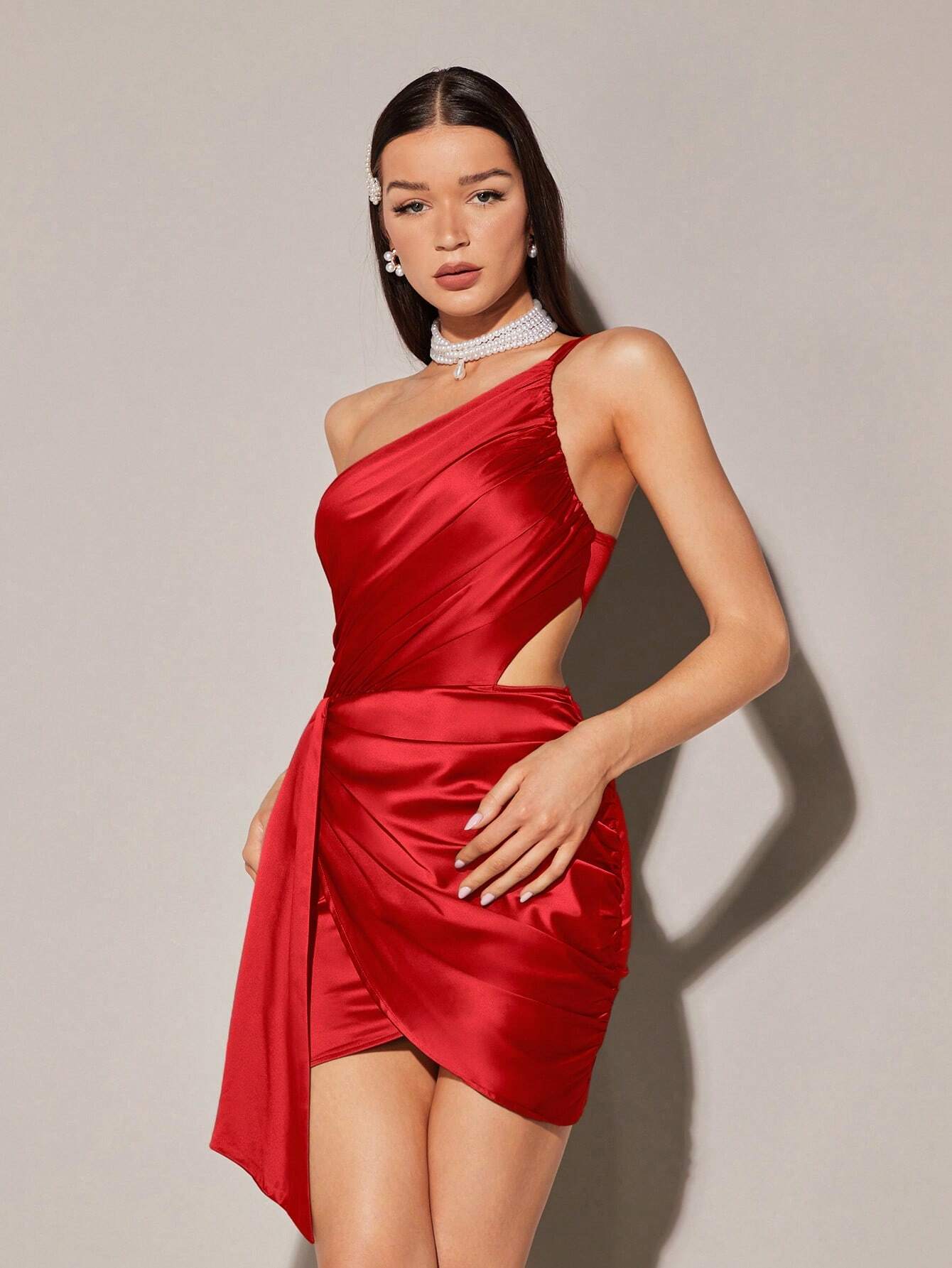 SHEIN BAE One Shoulder Wrap Hem Satin Dress