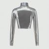 SHEIN DivaQ Mock Neck Metallic Crop Tee
