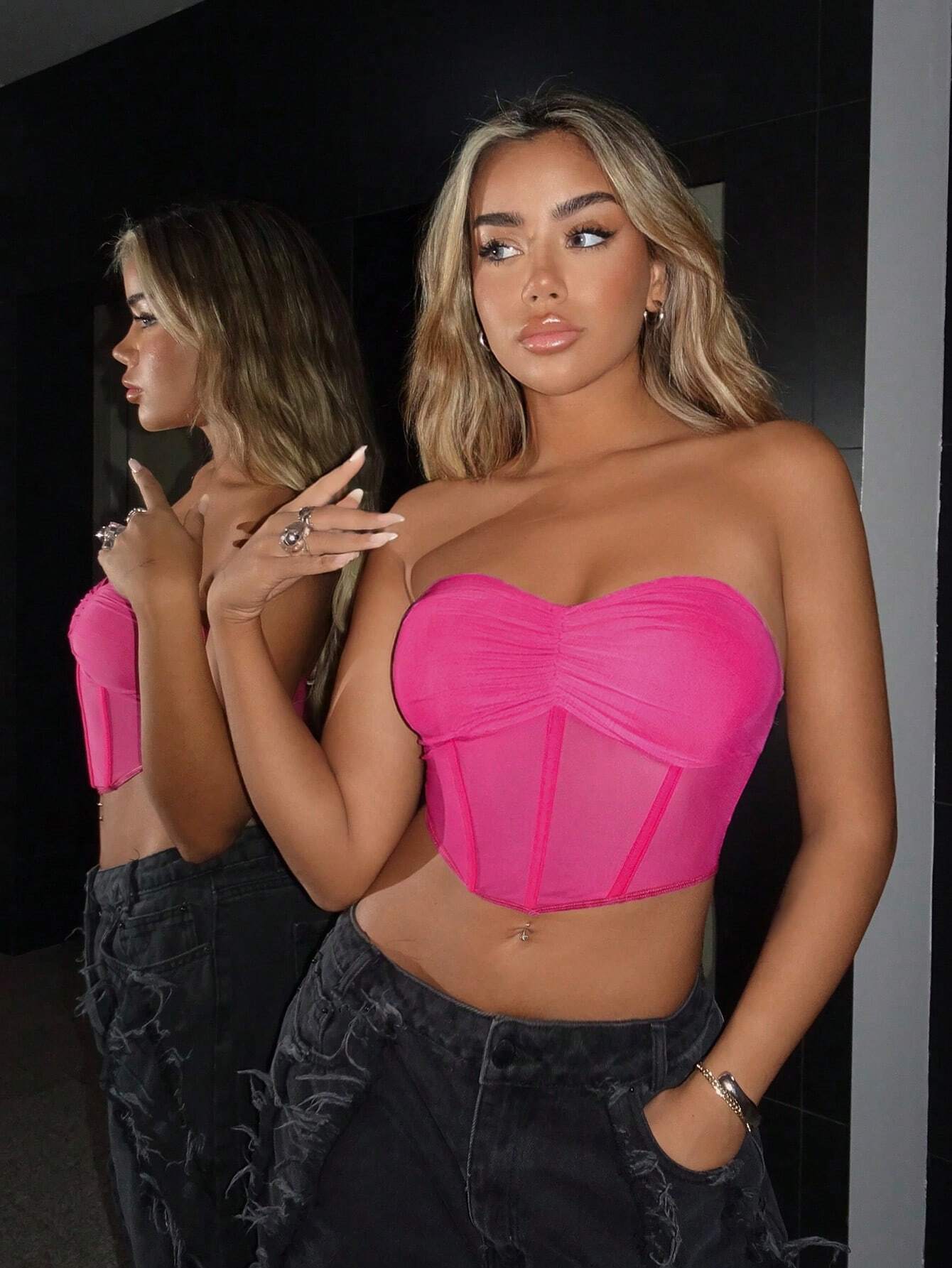 SHEIN ICON Going Out Tops Ruched Bustier Bandana Hem Mesh Tube Top