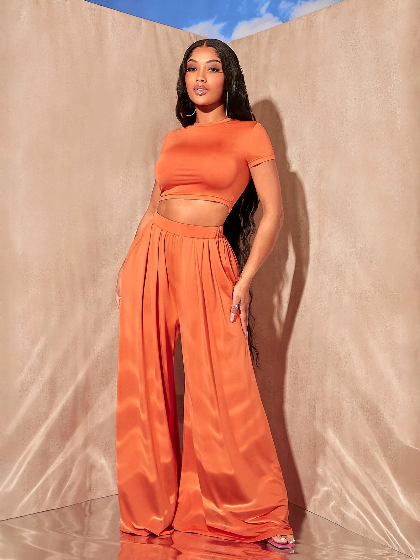 SHEIN SXY Solid Crop Top & Wide Leg Pants