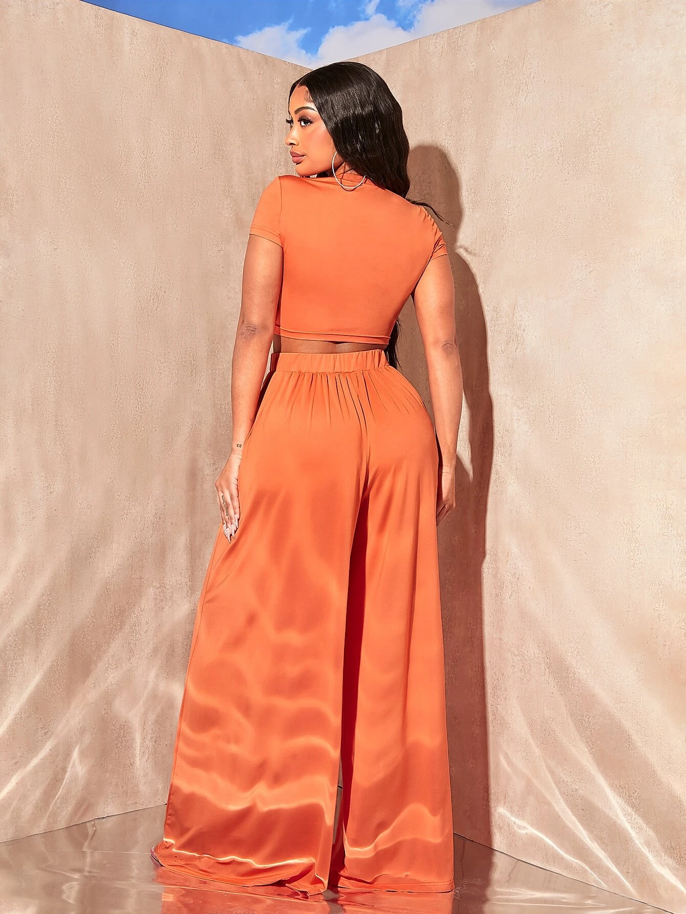 SHEIN SXY Solid Crop Top & Wide Leg Pants