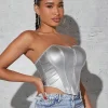 SHEIN SXY Solid Zip Up PU Leather Tube Top