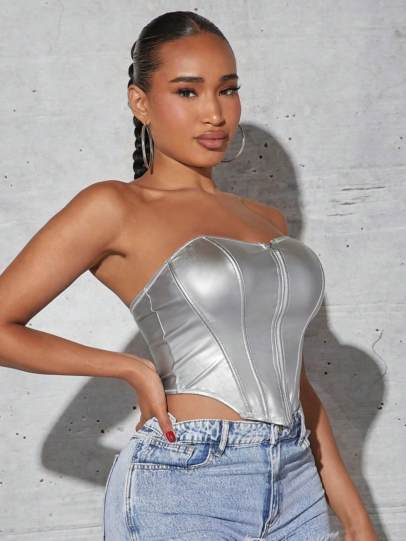 SHEIN SXY Solid Zip Up PU Leather Tube Top