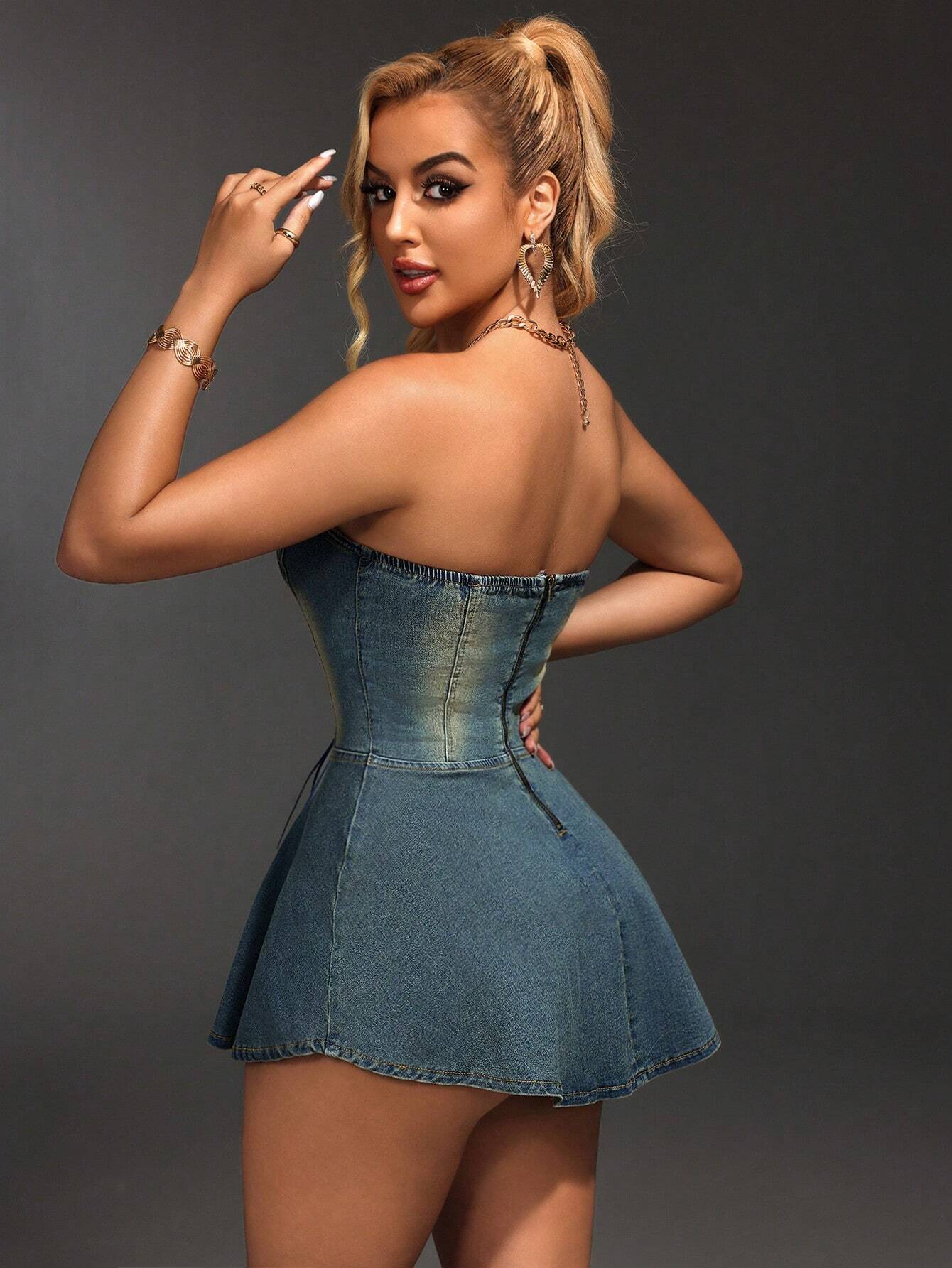 SHEIN SXY Women's Solid Color Simple Style Strapless Denim Dress