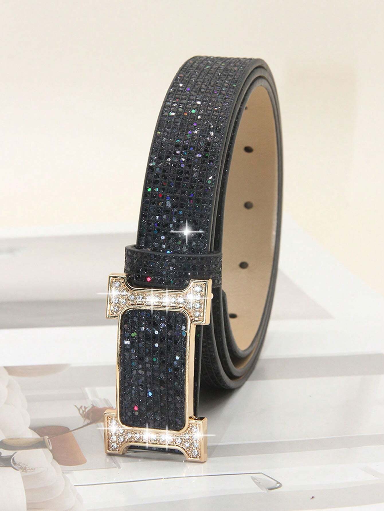 SHEIN 1pc Women's Fashion Crystal Studded Belt PU Leather