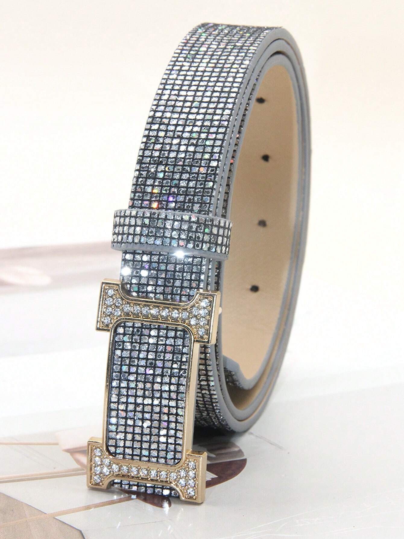 SHEIN 1pc Women's Fashion Rhinestone Decorated Belt PU