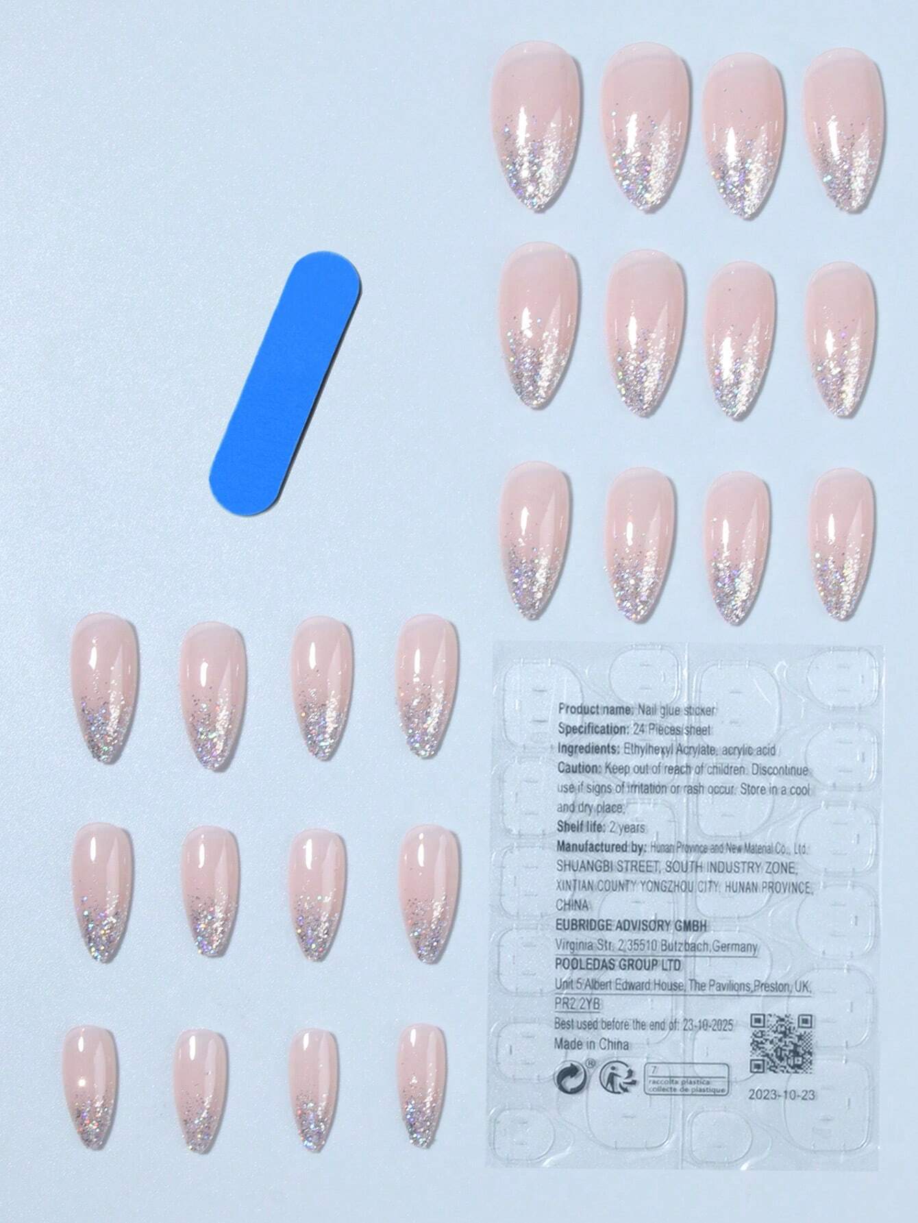 SHEIN 24Pcs/Set Press On Nails Long Almond Gradient Glitter