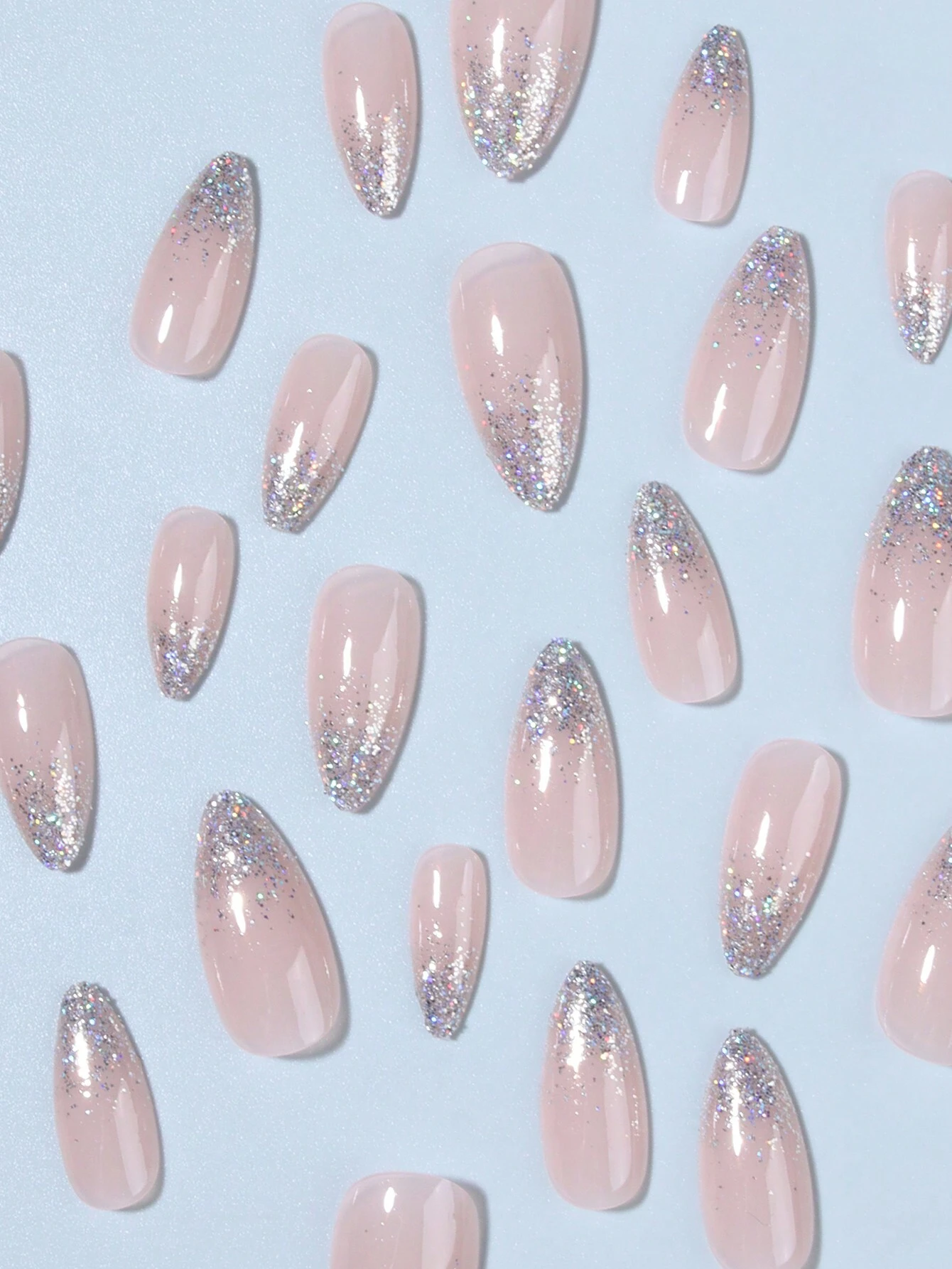 SHEIN 24Pcs/Set Press On Nails Long Almond Gradient Glitter
