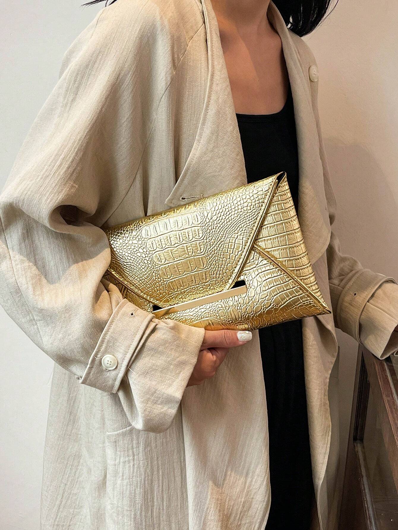 Crocodile Pattern, Stone Texture, Minimalist Fashion Casual PU Solid Color Clutch Envelope Bag