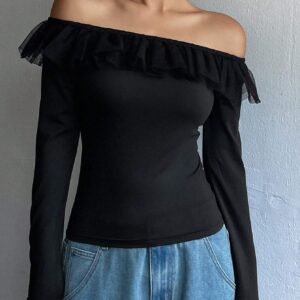 SHEIN DAZY Women's Off Shoulder Mesh Splice Ruffle