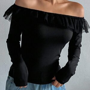 SHEIN DAZY Women's Off Shoulder Mesh Splice Ruffle