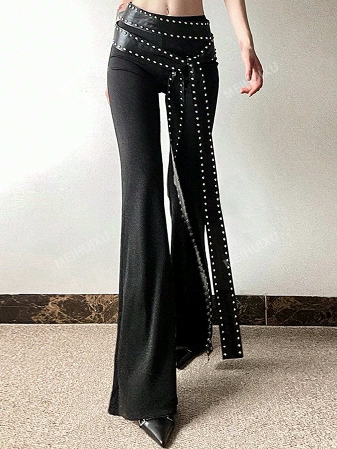 SHEIN Fashionable Fitted Flare Pants With Rivets And Belt