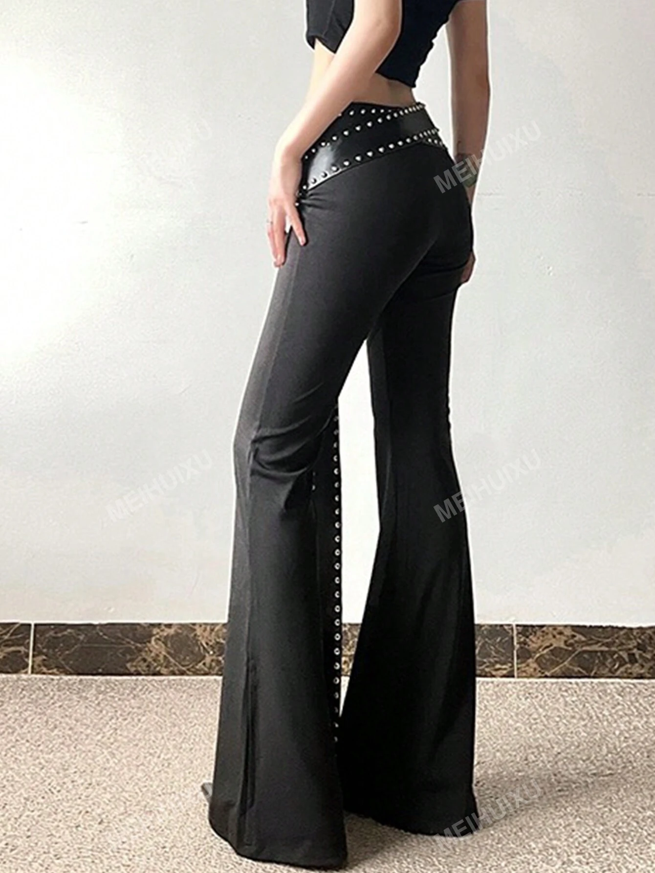 SHEIN Fashionable Fitted Flare Pants With Rivets And Belt