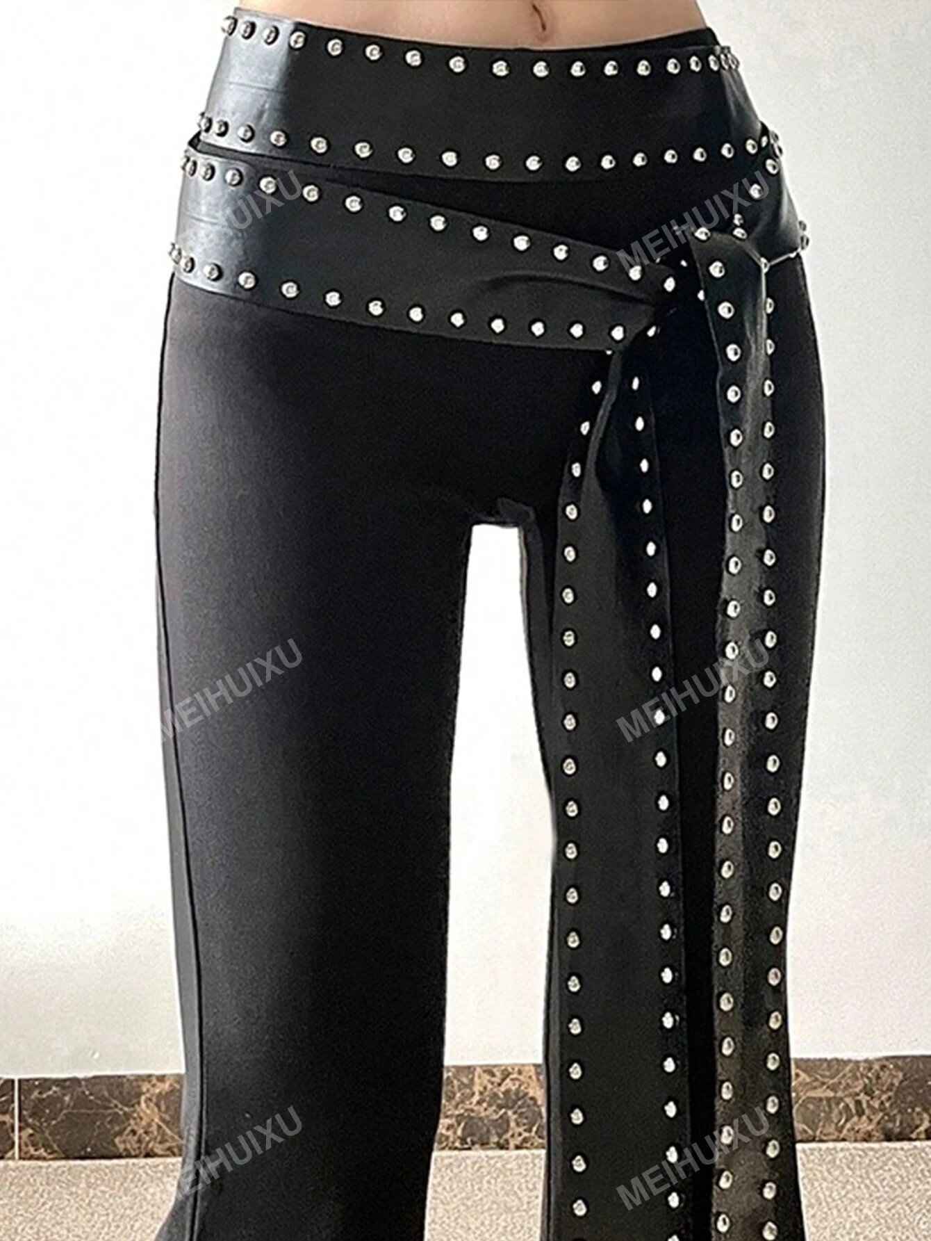 SHEIN Fashionable Fitted Flare Pants With Rivets And Belt