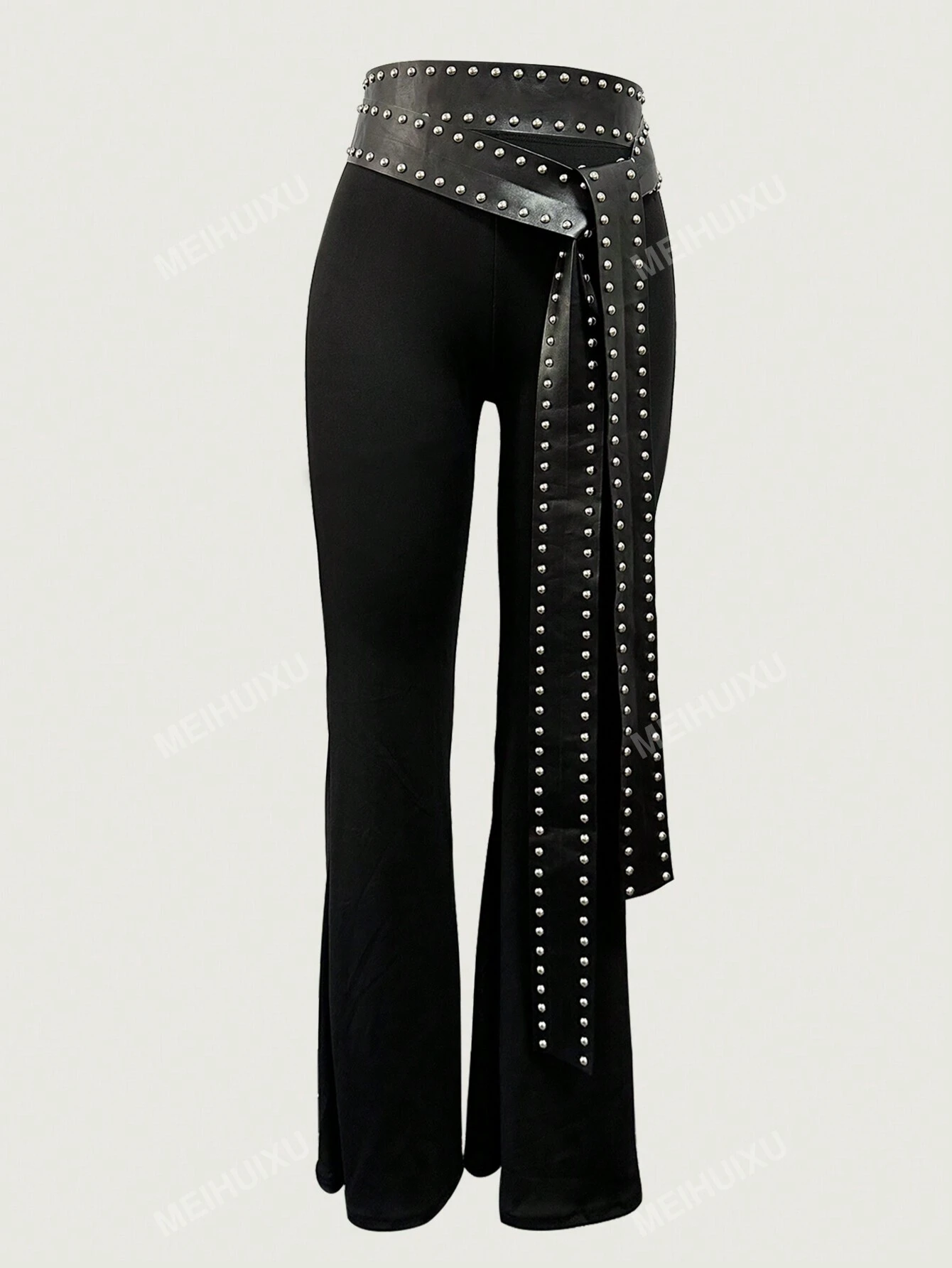 SHEIN Fashionable Fitted Flare Pants With Rivets And Belt