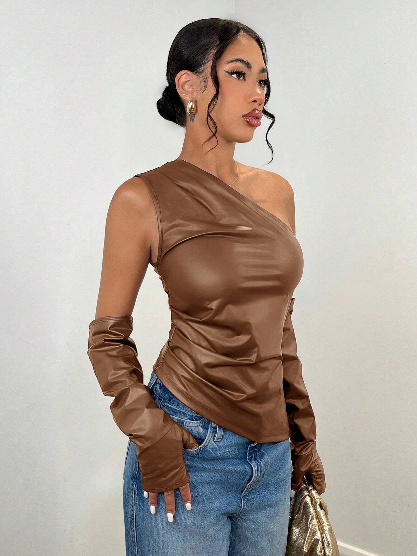 SHEIN BAE Women Solid Color Sleeveless PU Leather Pleated Top With Sleeve Cover