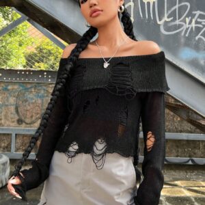 SHEIN EZwear Ripped Edges Off-shoulder Sweater