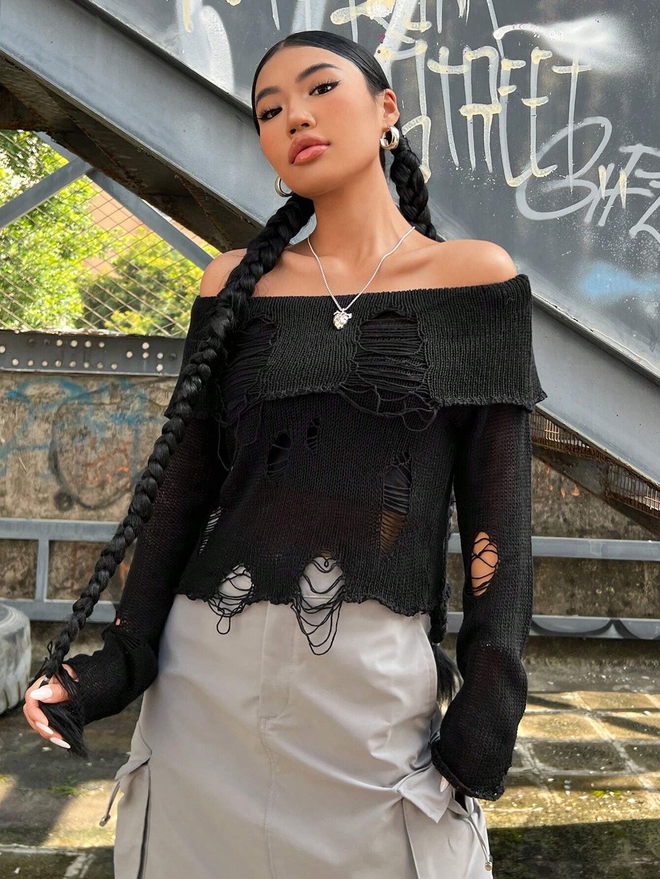 SHEIN EZwear Ripped Edges Off-shoulder Sweater
