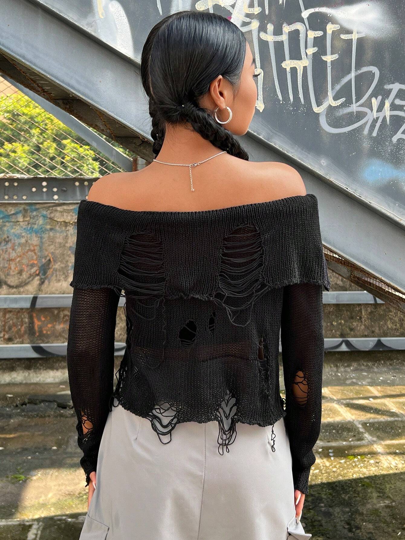 SHEIN EZwear Ripped Edges Off-shoulder Sweater