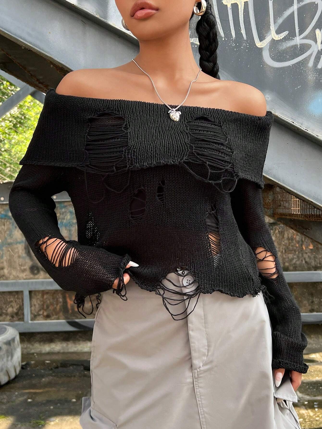 SHEIN EZwear Ripped Edges Off-shoulder Sweater