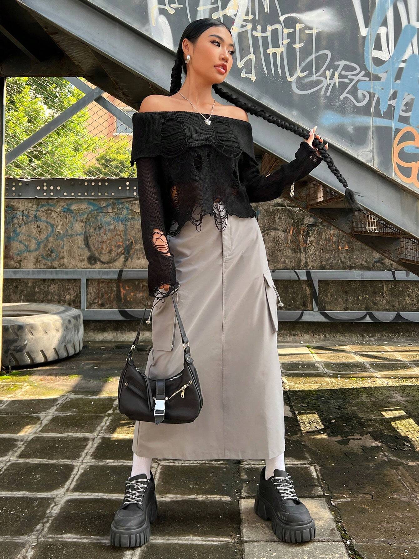 SHEIN EZwear Ripped Edges Off-shoulder Sweater