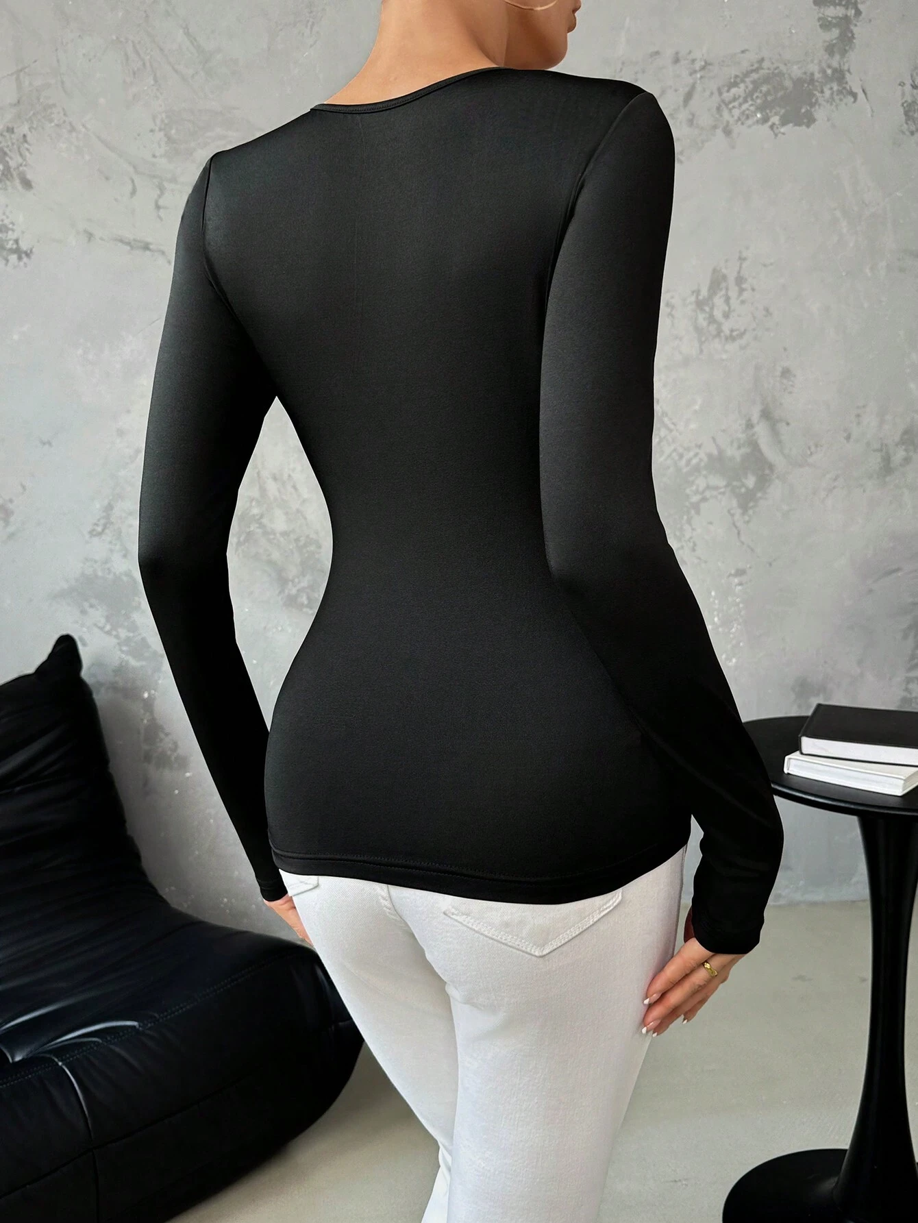 SHEIN Essnce Long Sleeve T-Shirt With O-Ring Decorative Ribbon Patch