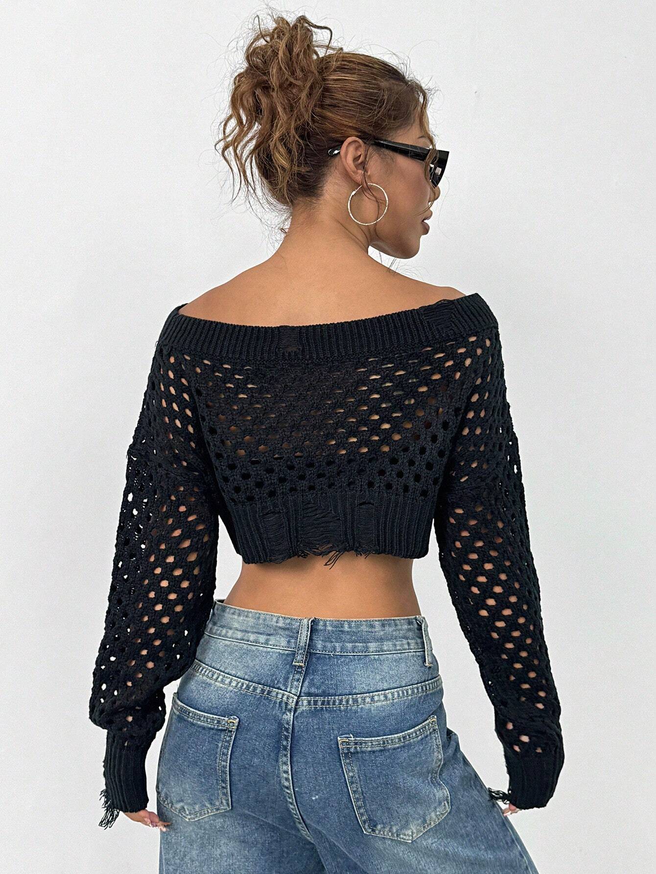 SHEIN MOOSTA Sexy Open Shoulder Hollow Out Ladies' Sweater