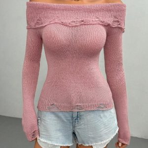 SHEIN MOOSTA Solid Off Shoulder Distressed Knit Sweater
