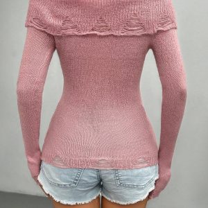 SHEIN MOOSTA Solid Off Shoulder Distressed Knit Sweater