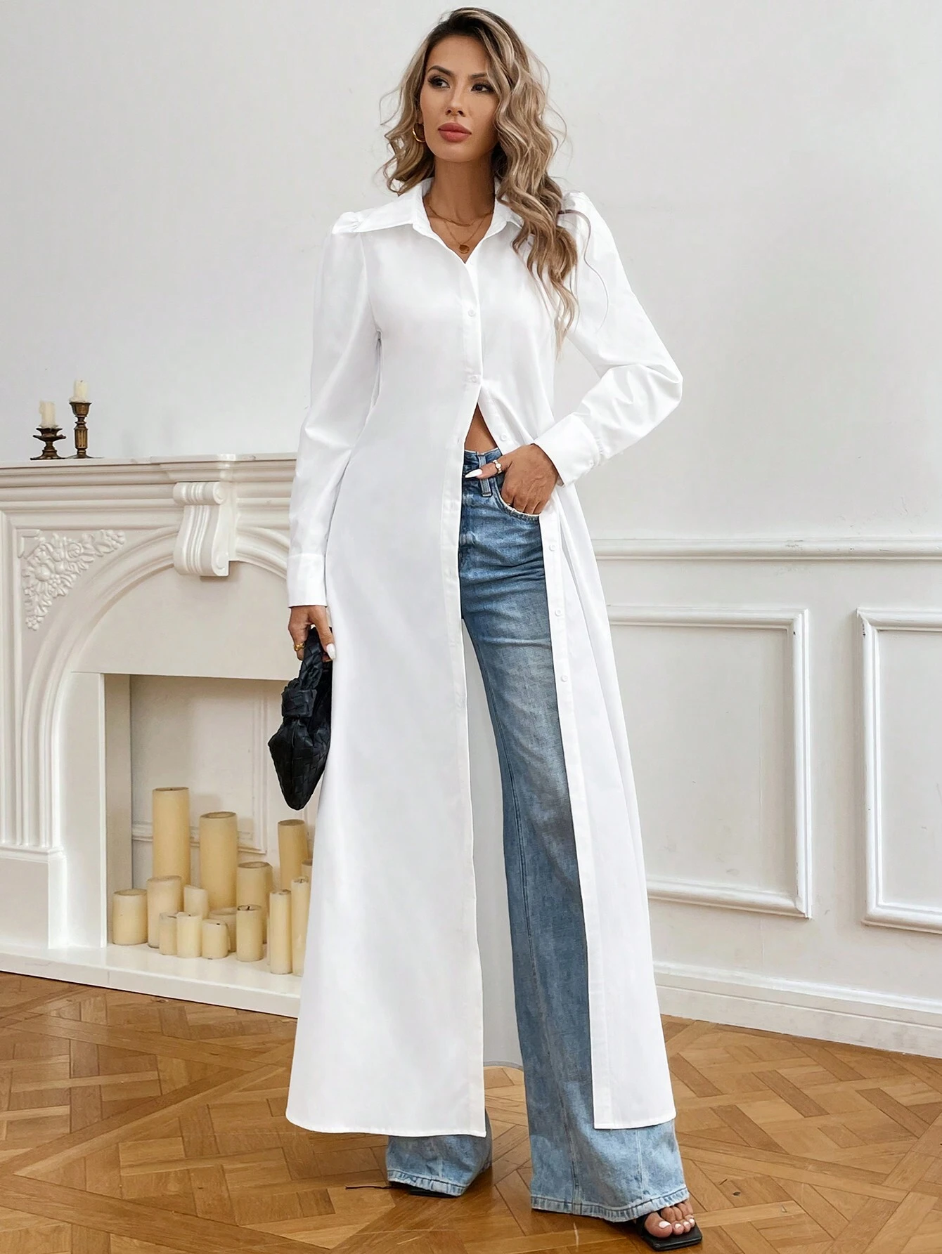 SHEIN Privé Women's Autumn Commuter White Long Shirt