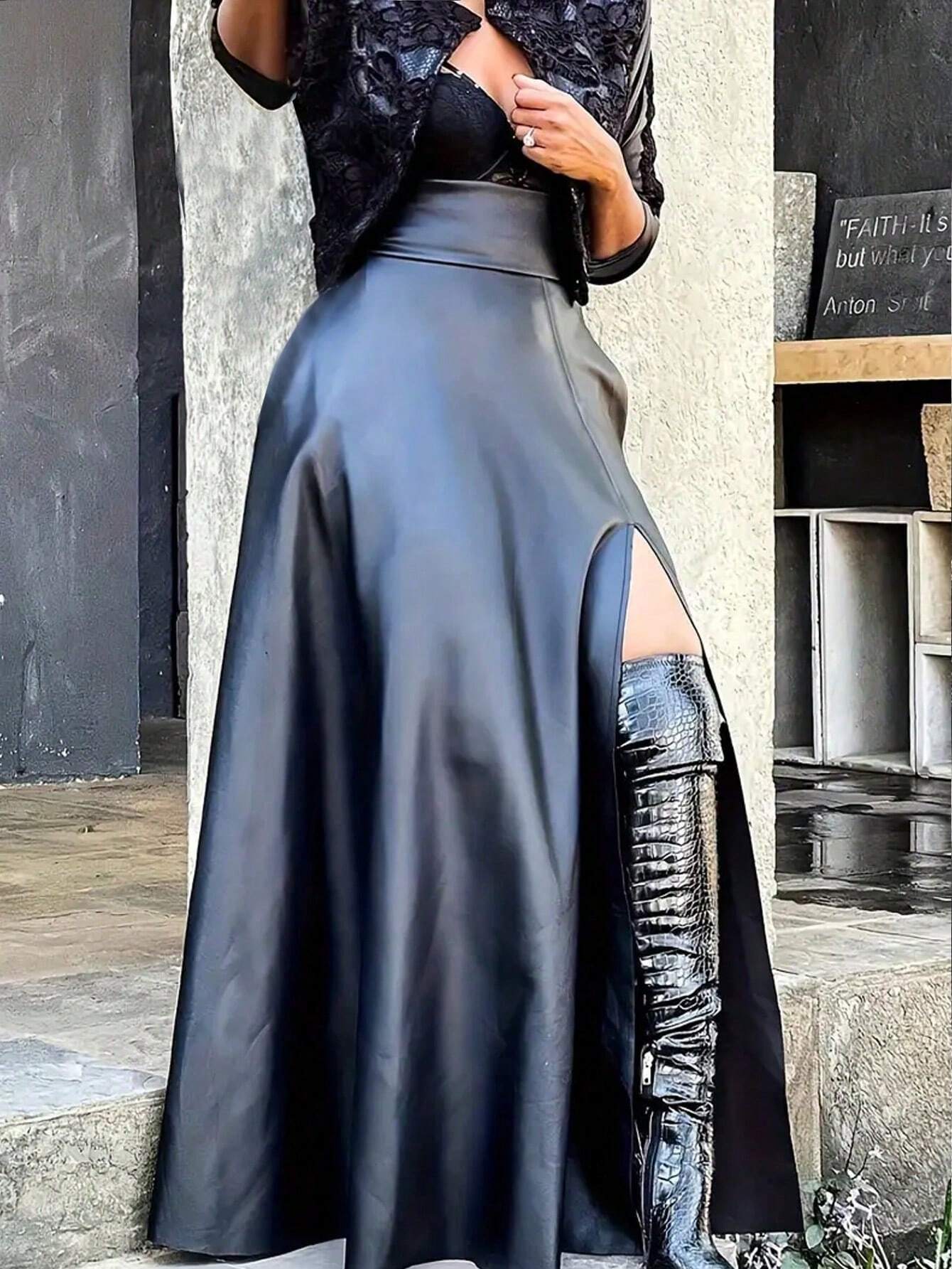 SHEIN Unity Long High Slit Pu Leather Skirt