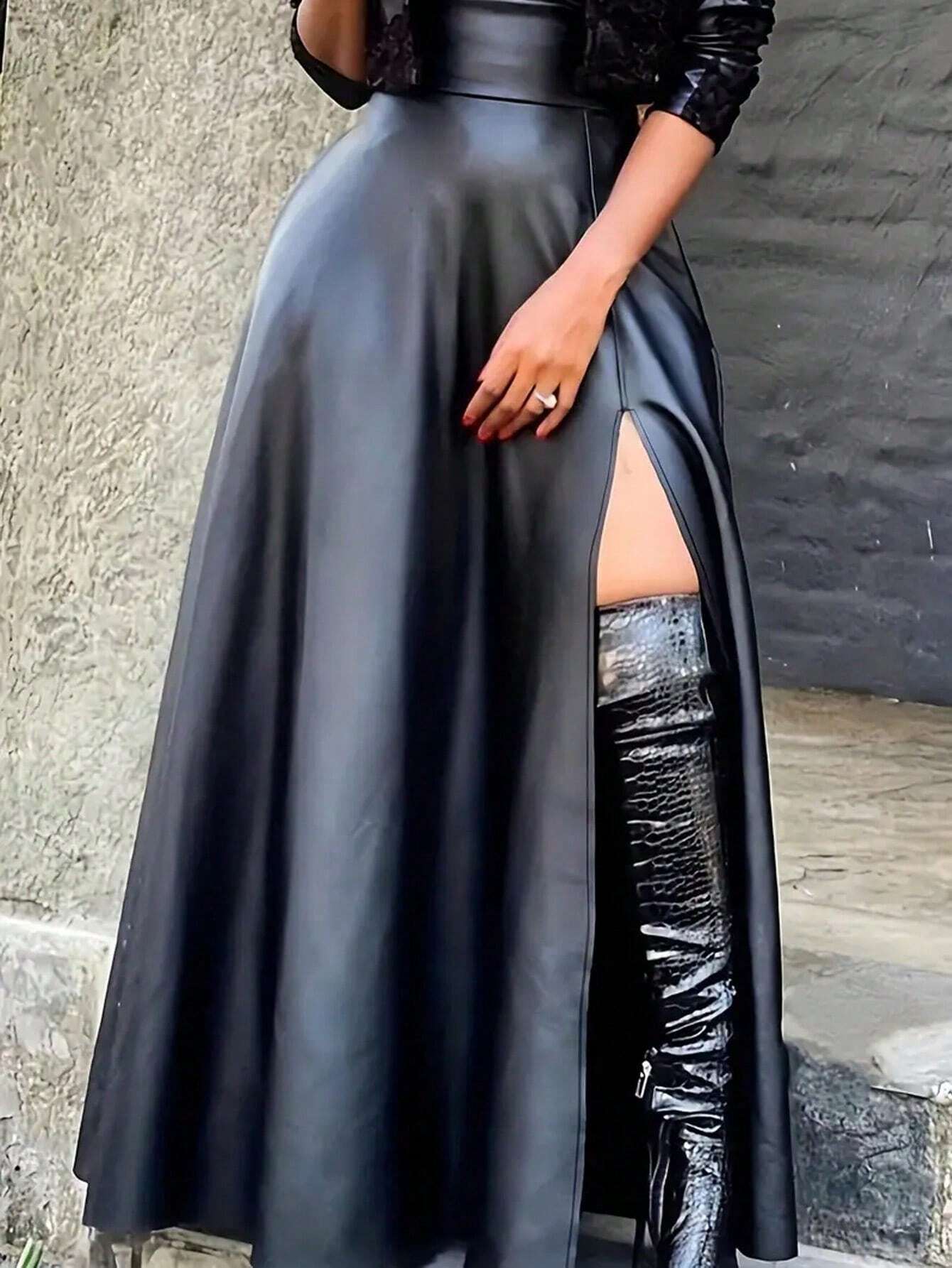 SHEIN Unity Long High Slit Pu Leather Skirt