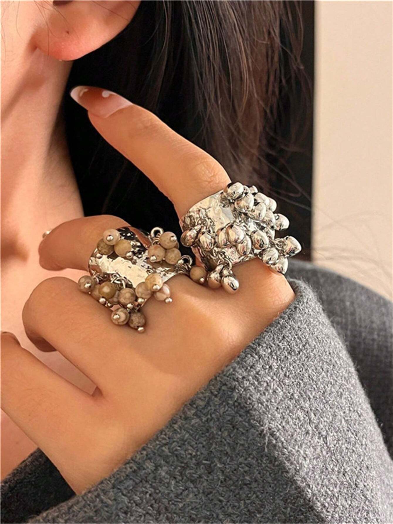 SHEIN Vintage Heart Shaped Pendant Tassel Open Ring