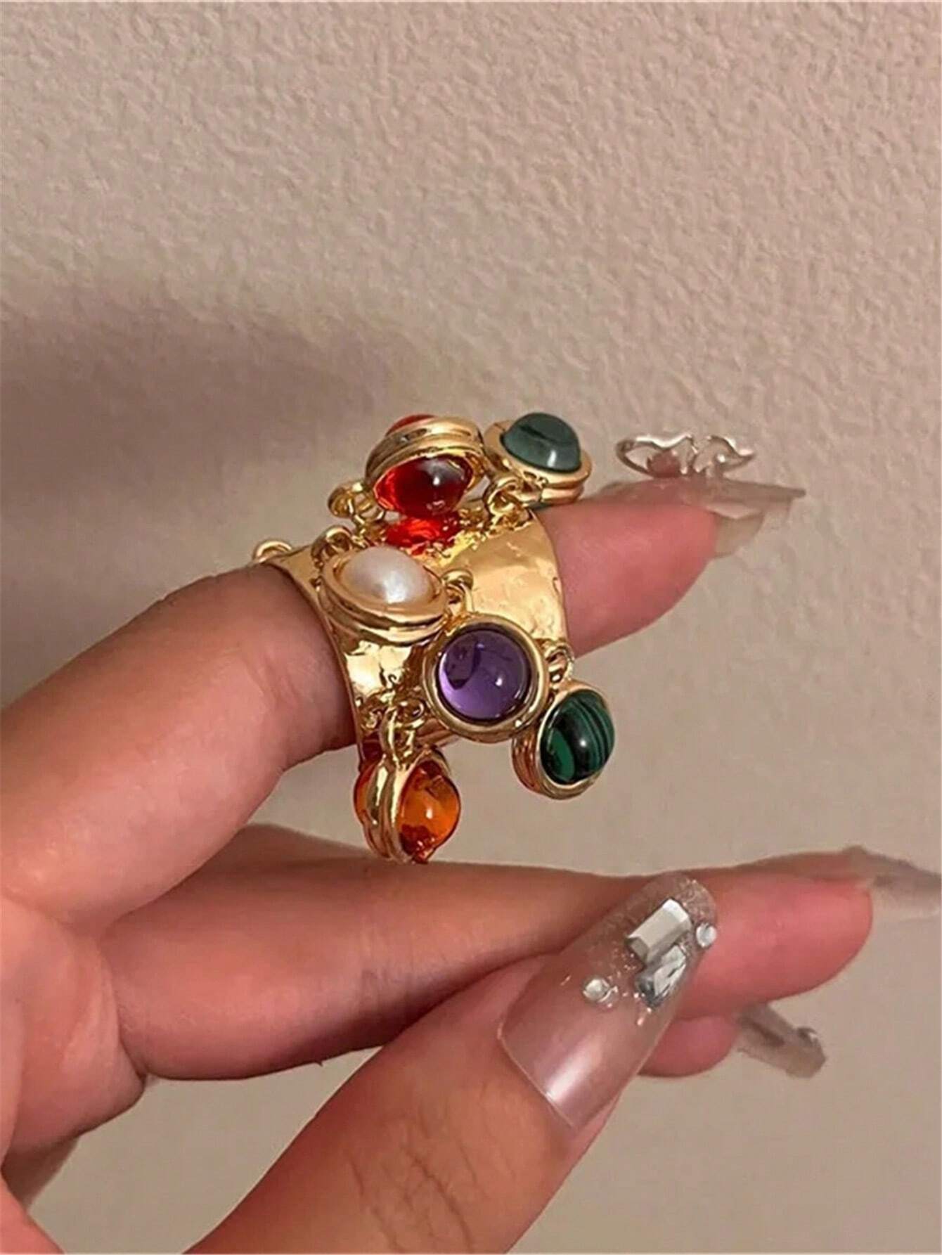 SHEIN Vintage Ring With Adjustable Peacock Stone Pendant & Tassel